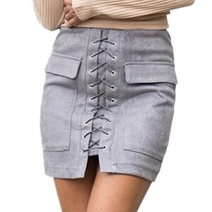 Haute Rogue Grey/Blue Lace-Up Velvet Mini Skirt